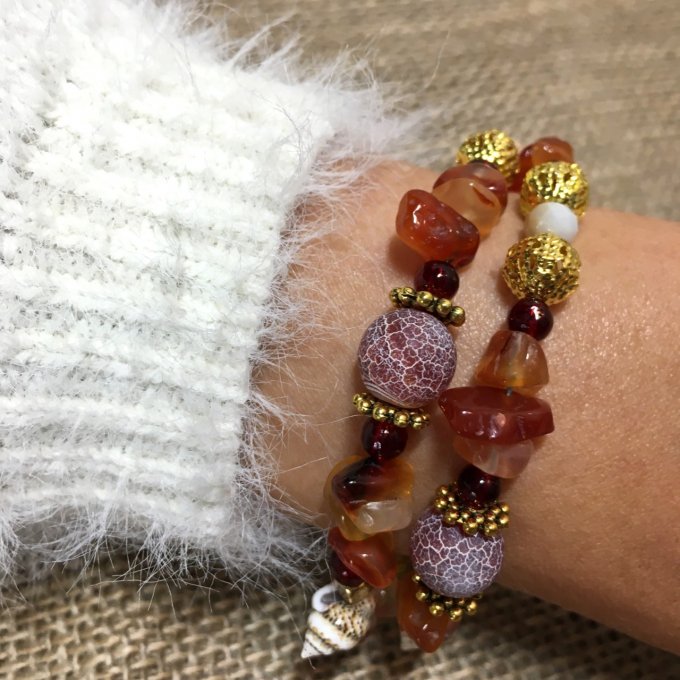 Bracelet Jonc en Agate Rouge, perles, coquillages, breloques lotus & éléphant