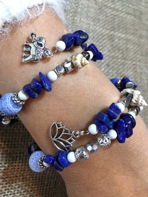 Bracelet Jonc en Lapis Lazuli, perles, coquillages, breloques lotus & éléphant