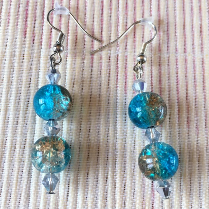 Boucles d'oreilles pendantes, à perles craquelées, bleu et marron