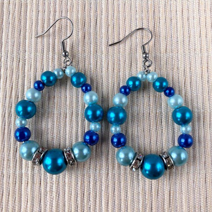 Boucles d’oreilles grandes gouttes d’eau en perles, Bleu vif Turquoise 