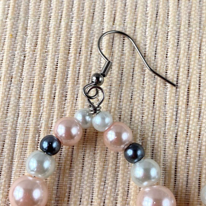 Boucles d’oreilles grandes gouttes d’eau en perles, Rose doux, Gris & Blanc perle 
