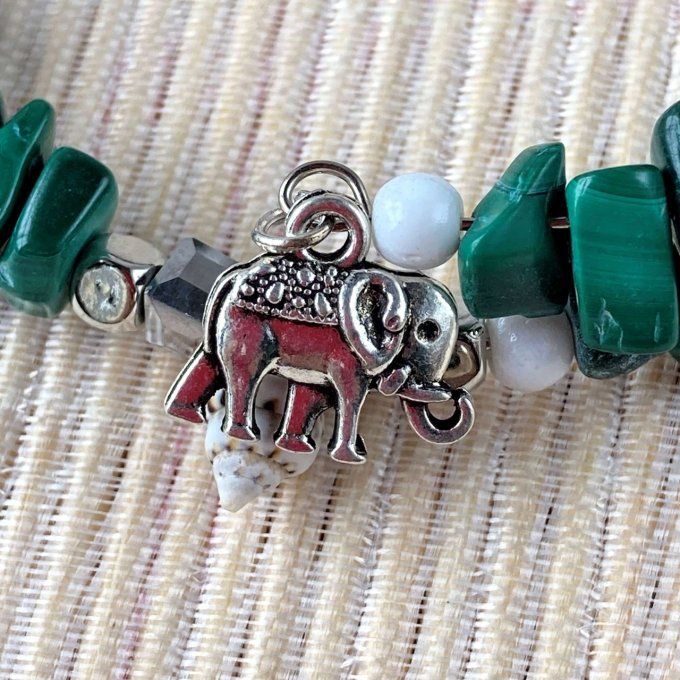 Bracelet Jonc en Malachite, perles, coquillages, breloques lotus & éléphant