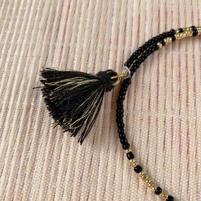 Bracelet circulaire en perles de rocailles noir et doré, oiseau