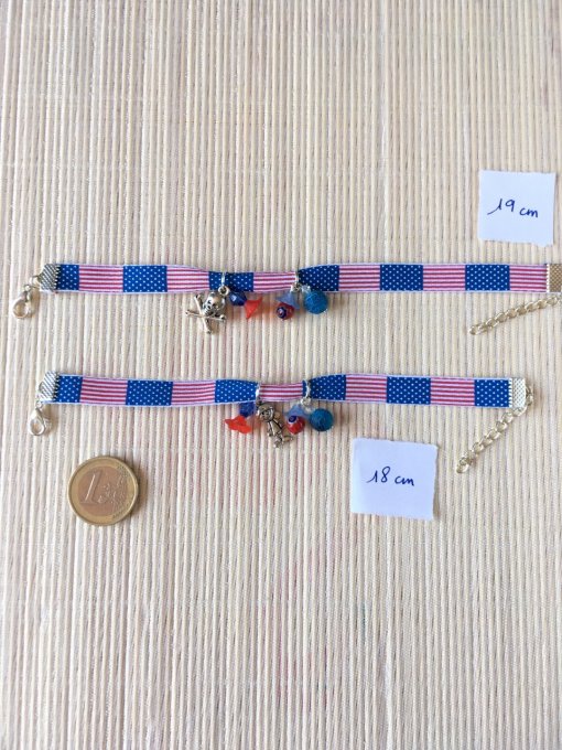 Bracelet 18cm & 19cm, ruban bleu rouge, drapeau Américain
