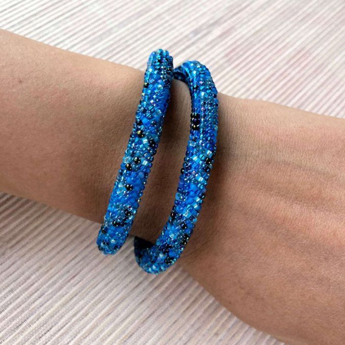 Collier Bracelet en perles de rocailles camaïeu de bleu vert canard 