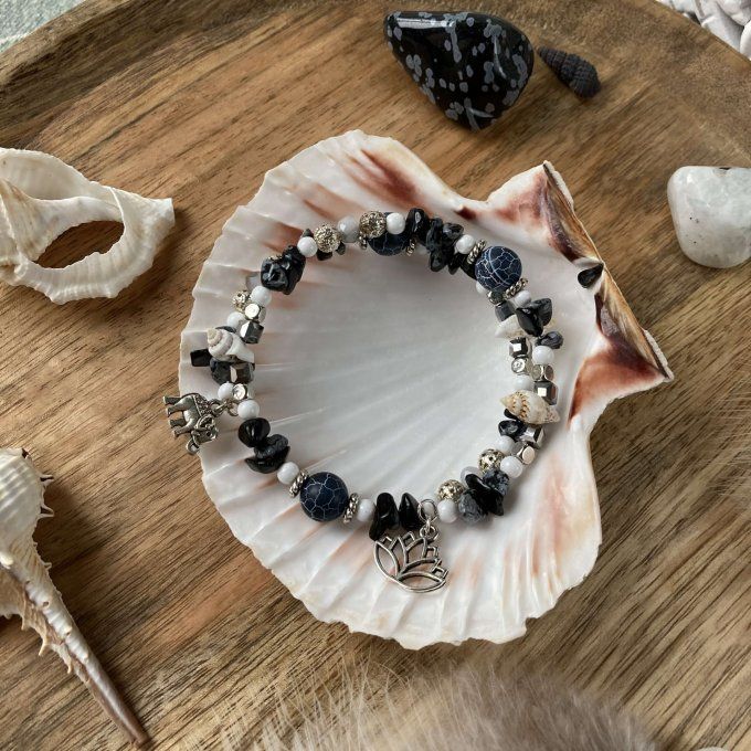 Bracelet Jonc en Obsidienne Mouchetée, perles, coquillages