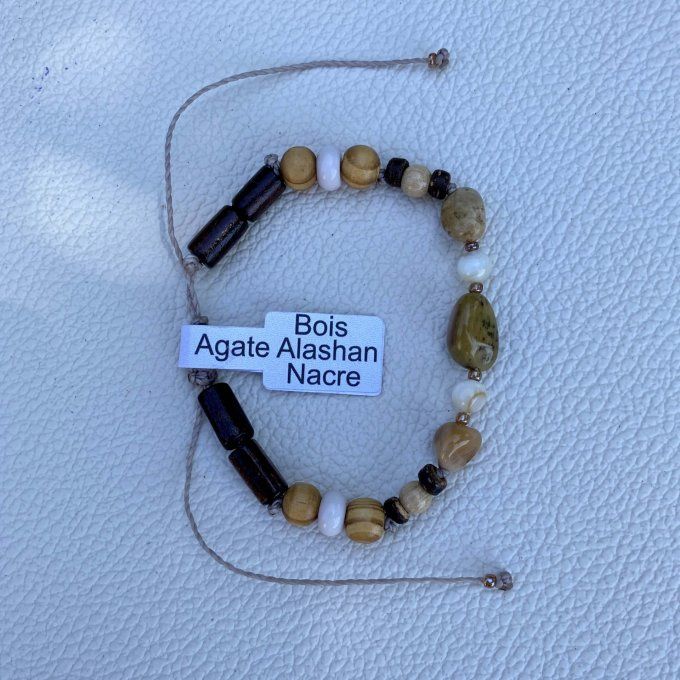Bracelet homme, Agate alashan, Nacre, Bois