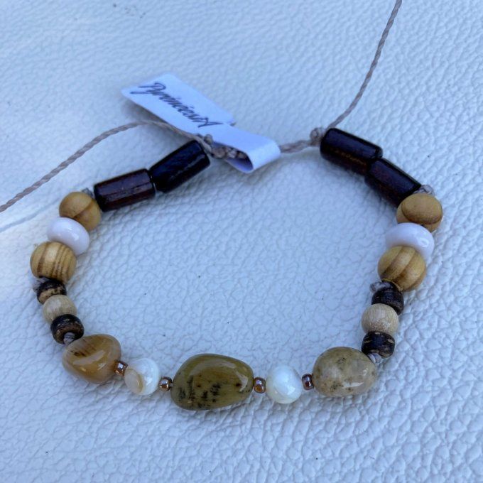 Bracelet homme, Agate alashan, Nacre, Bois