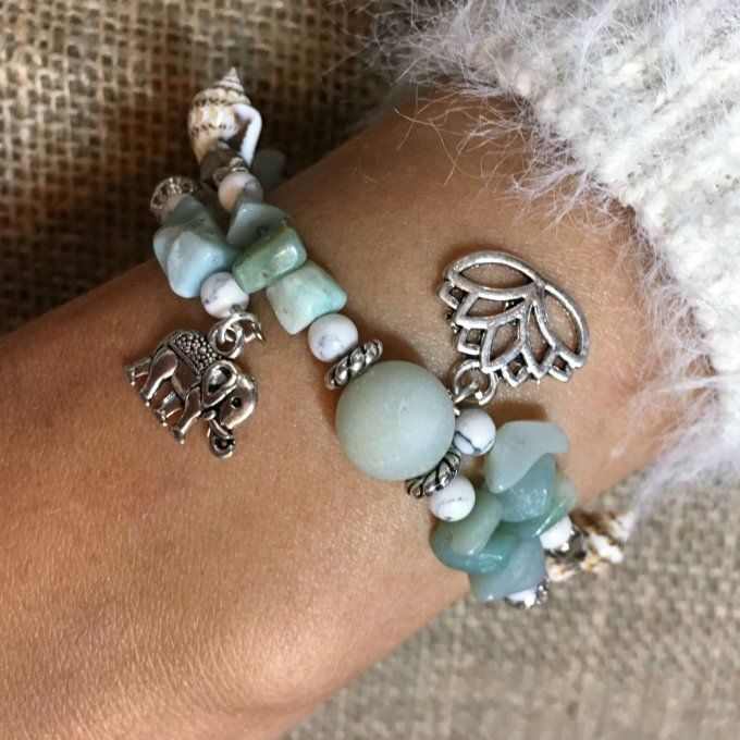 Bracelet Jonc en Amazonite, perles, coquillages, breloques lotus & éléphant