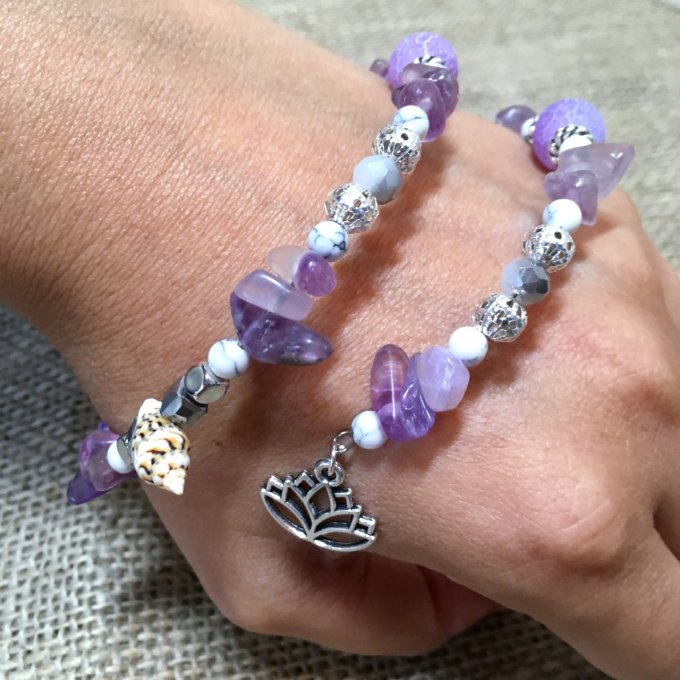 Bracelet Jonc en Fluorite Violette Rose, perles, coquillages