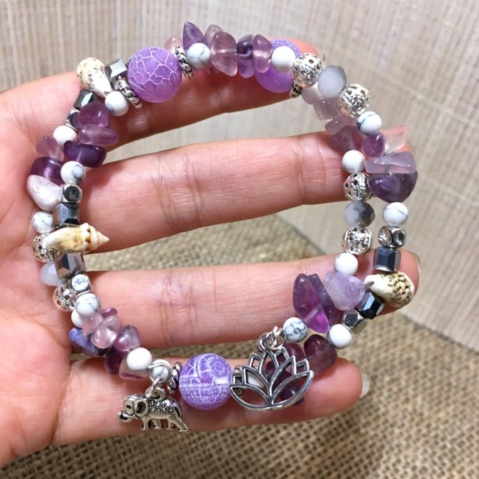 Bracelet Jonc en Fluorite Violette Rose, perles, coquillages