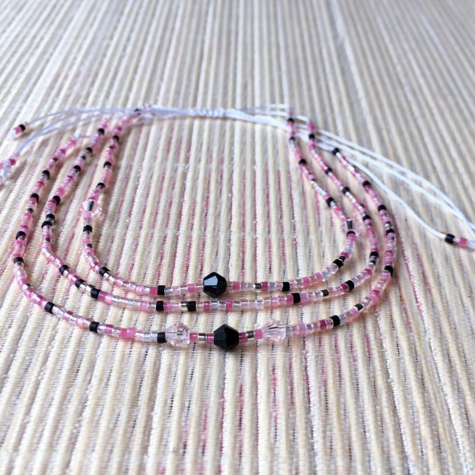 Bracelet minimaliste triple rang multicolore rose et noir