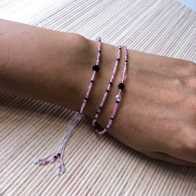 Bracelet minimaliste triple rang multicolore rose et noir