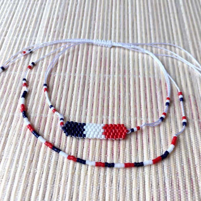 Bracelet minimaliste supporter Français bleu, blanc, rouge, double rang :