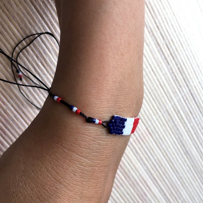 Bracelet minimaliste supporter Français bleu, blanc, rouge & base fil noir