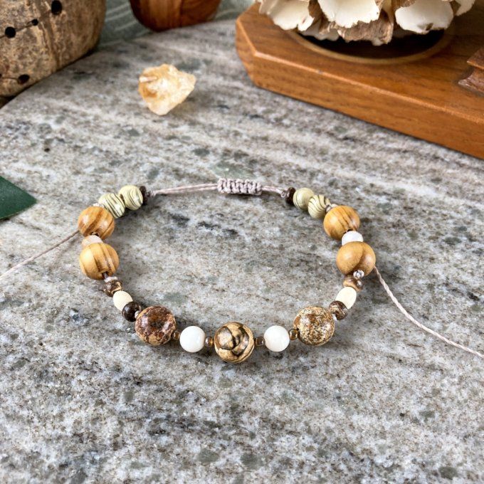 Bracelet Jaspe Paysage, Nacre et Bois