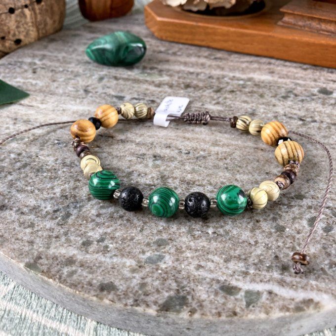 Bracelet Hommes Perles Malachite pierre de Lave et Bois
