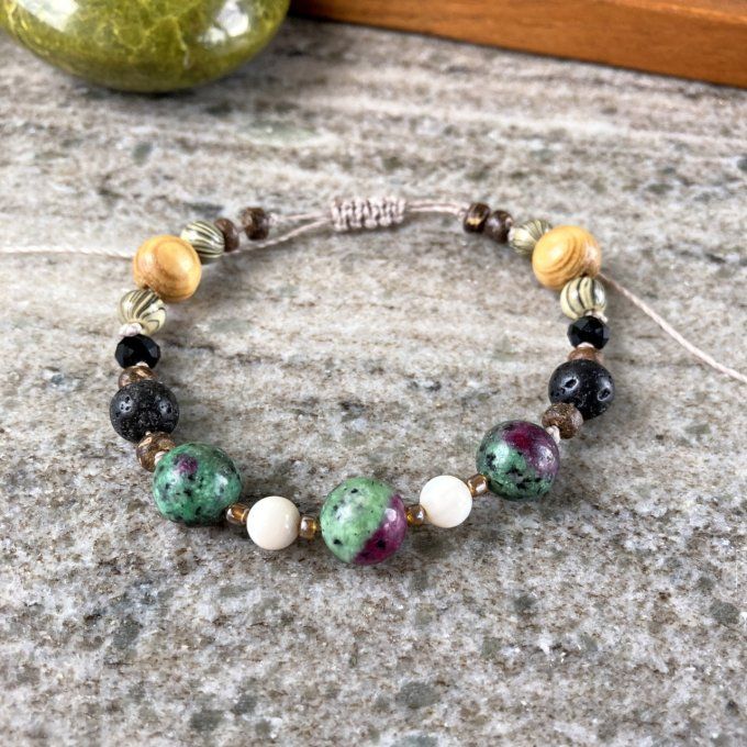 Bracelet Hommes Perles Rubis Zoïsite, Nacre et Bois