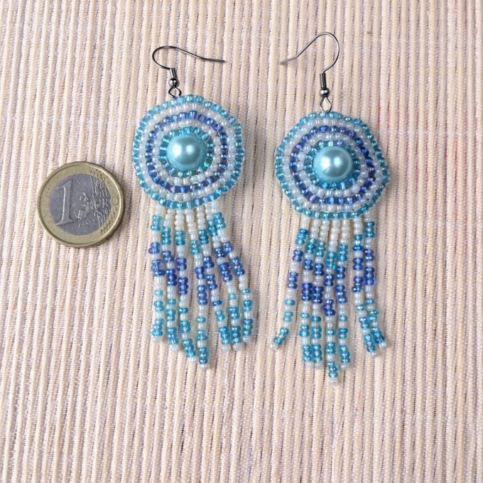 Boucles d’oreilles pendantes, effet comète bohème Coachella, à franges, bleu & blanc 