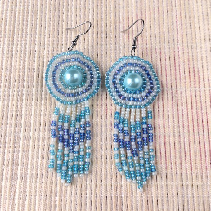 Boucles d’oreilles pendantes, effet comète bohème Coachella, à franges, bleu & blanc 