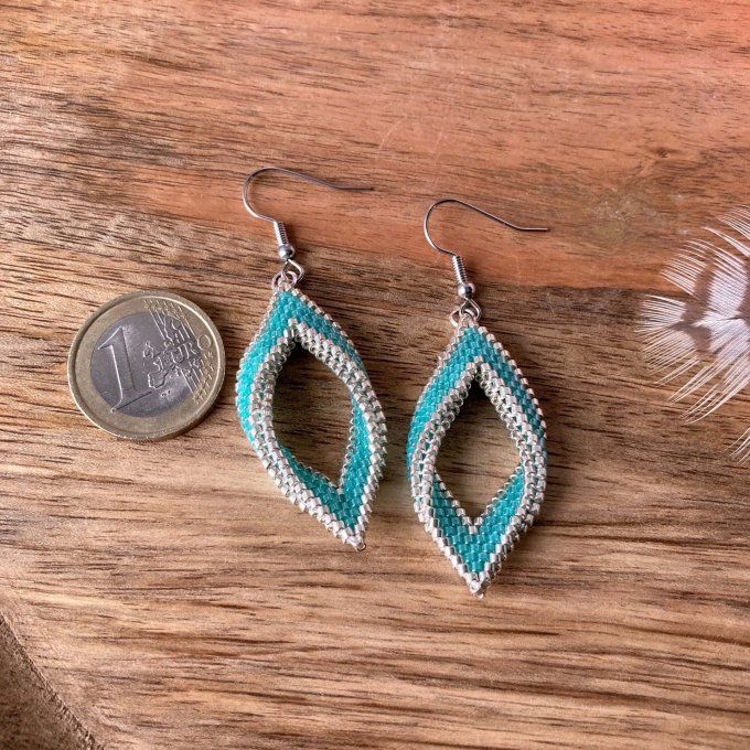 Boucles d’oreilles en perles Miyuki, forme feuille, bleu turquoise & argenté