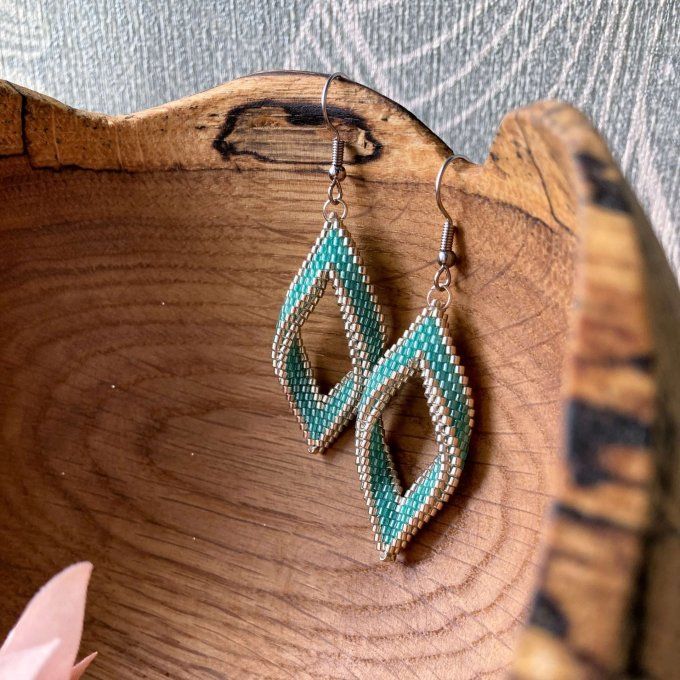 Boucles d’oreilles en perles Miyuki, forme feuille, bleu turquoise & argenté