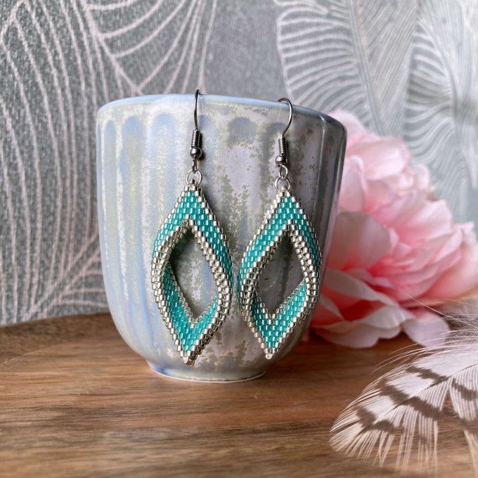 Boucles d’oreilles en perles Miyuki, forme feuille, bleu turquoise & argenté