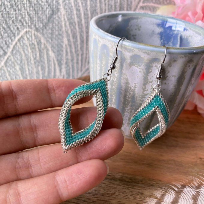Boucles d’oreilles en perles Miyuki, forme feuille, bleu turquoise & argenté