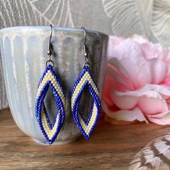 Boucles d'oreilles tissées en perles Miyuki bleu et jaune