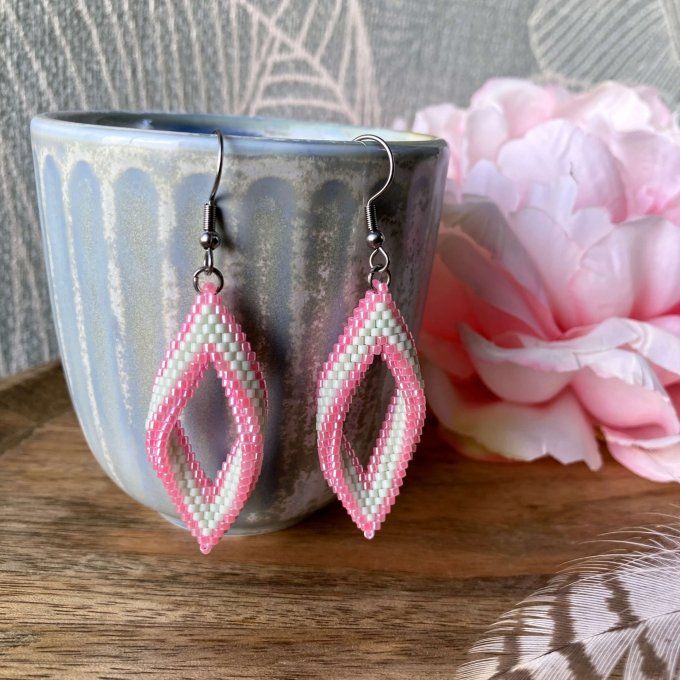 Boucles d'oreilles tissées en perles Miyuki rose et vert