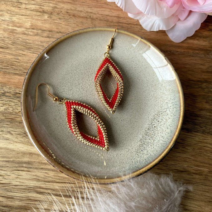 Boucles d'oreilles tissées en perles Miyuki rouge et doré