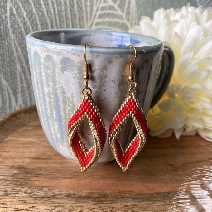 Boucles d'oreilles tissées en perles Miyuki rouge et doré