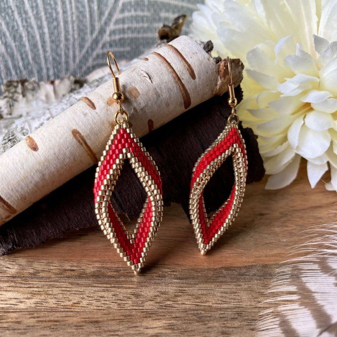 Boucles d'oreilles tissées en perles Miyuki rouge et doré