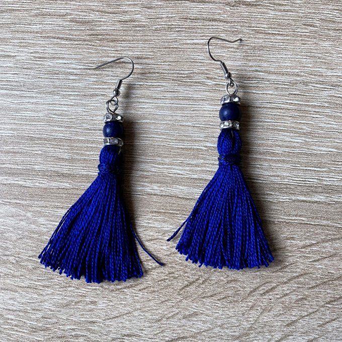 Boucles d'oreilles grand pompon & perle en Lapis-Lazuli, bleu roi