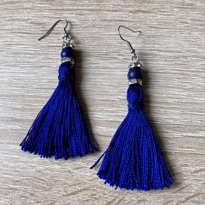 Boucles d'oreilles grand pompon & perle en Lapis-Lazuli, bleu roi