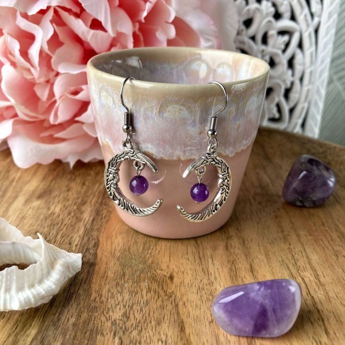 Boucles d'oreilles Lune Simple Améthyste