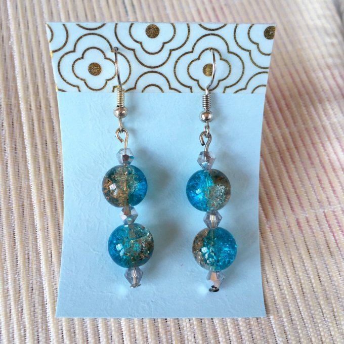 Boucles d'oreilles pendantes, à perles craquelées, bleu et marron