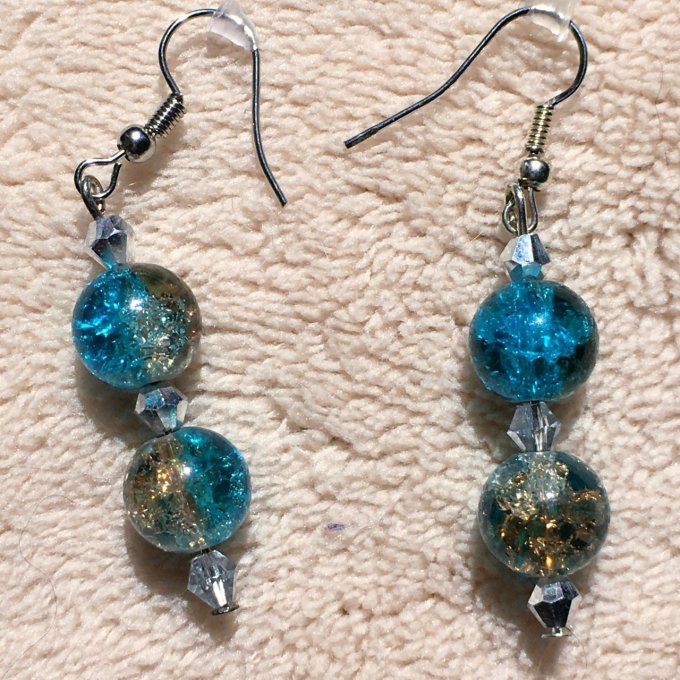 Boucles d'oreilles pendantes, à perles craquelées, bleu et marron