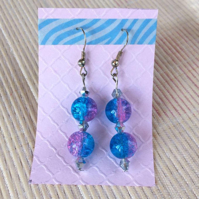Boucles d'oreilles pendantes, à perles craquelées, bleu et rose