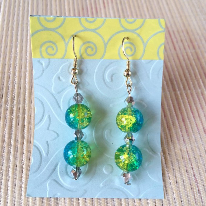 Boucles d'oreilles pendantes, à perles craquelées, vert et bleu