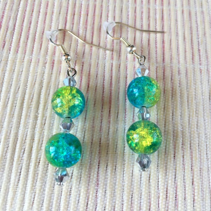 Boucles d'oreilles pendantes, à perles craquelées, vert et bleu