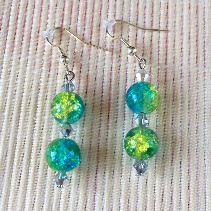 Boucles d'oreilles pendantes, à perles craquelées, vert et bleu