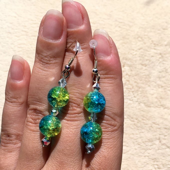 Boucles d'oreilles pendantes, à perles craquelées, vert et bleu