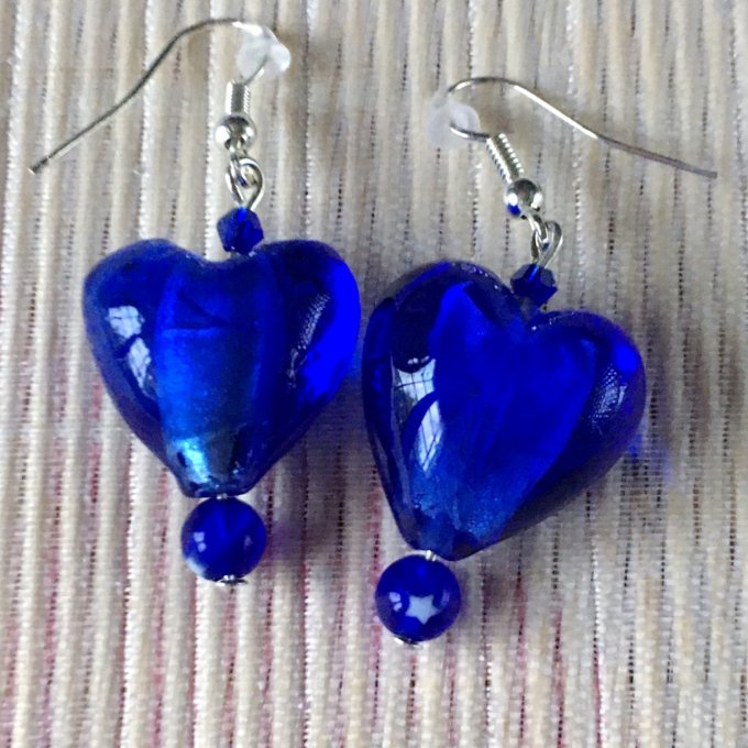 Boucles d'oreilles cœur en verre, bleu roi