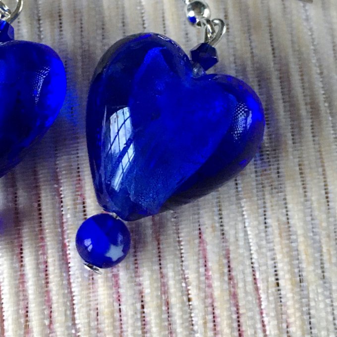 Boucles d'oreilles cœur en verre, bleu roi