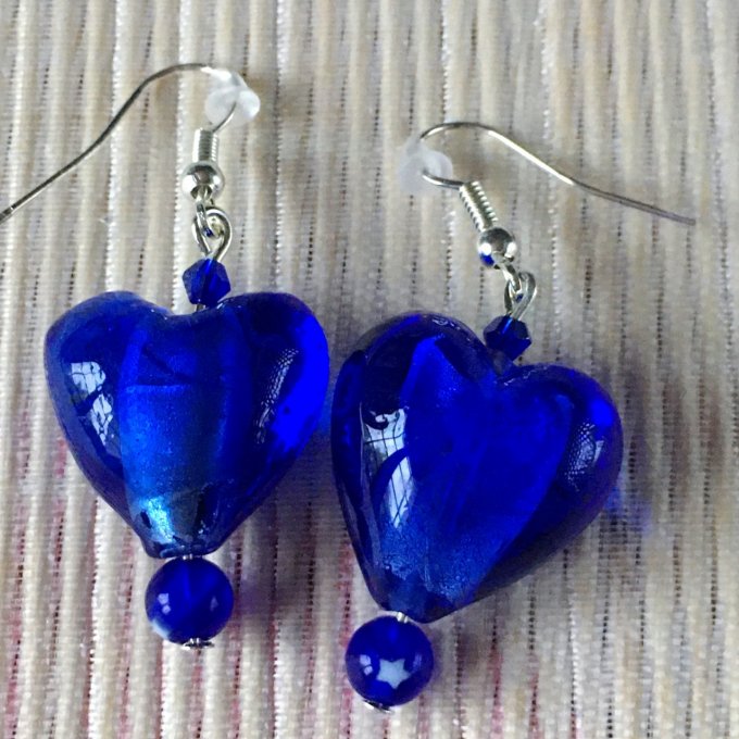 Boucles d'oreilles cœur en verre, bleu roi