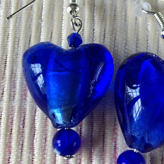 Boucles d'oreilles cœur en verre, bleu roi