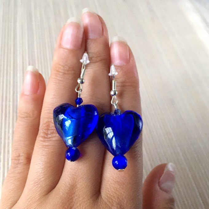 Boucles d'oreilles cœur en verre, bleu roi