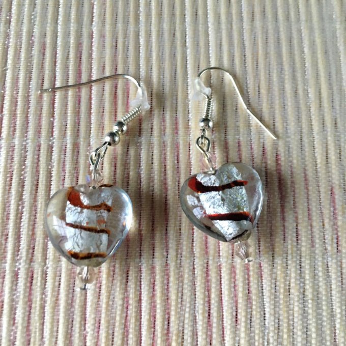 Boucles d'oreilles cœur en verre, argenté et marron