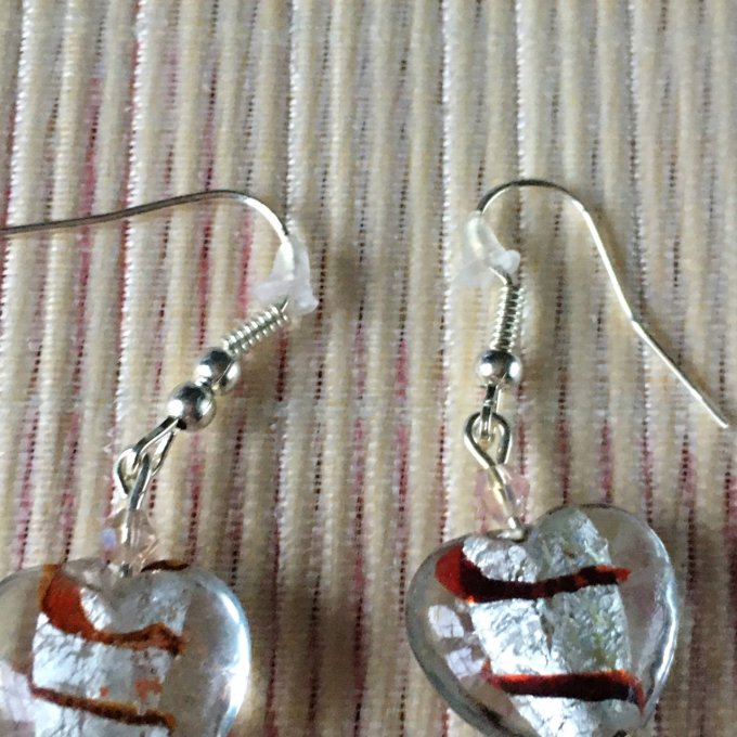 Boucles d'oreilles cœur en verre, argenté et marron